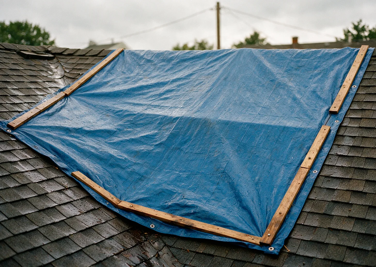 A tarp held with wood battens