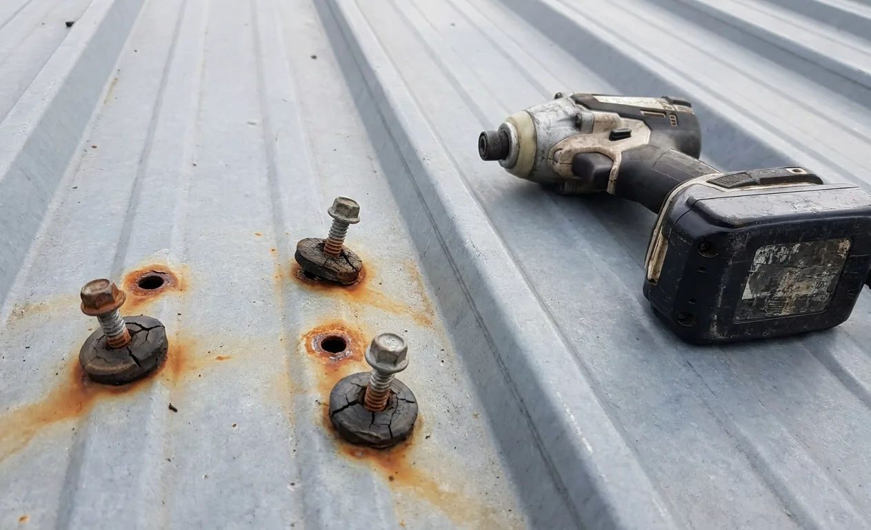 Backed-out fasteners on a metal panel