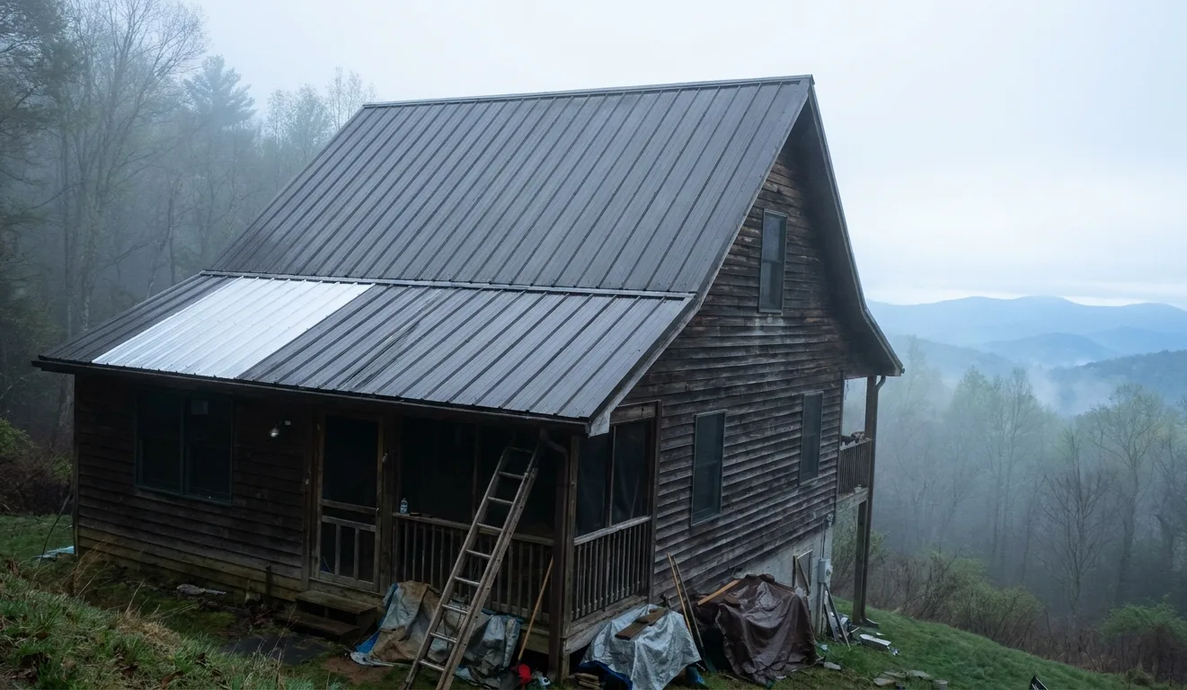 A wooded hillside home with a repaired roof